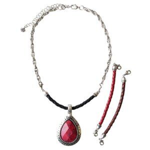 Premier Designs Reversible Pendant Necklace Red White Braided Cord Set